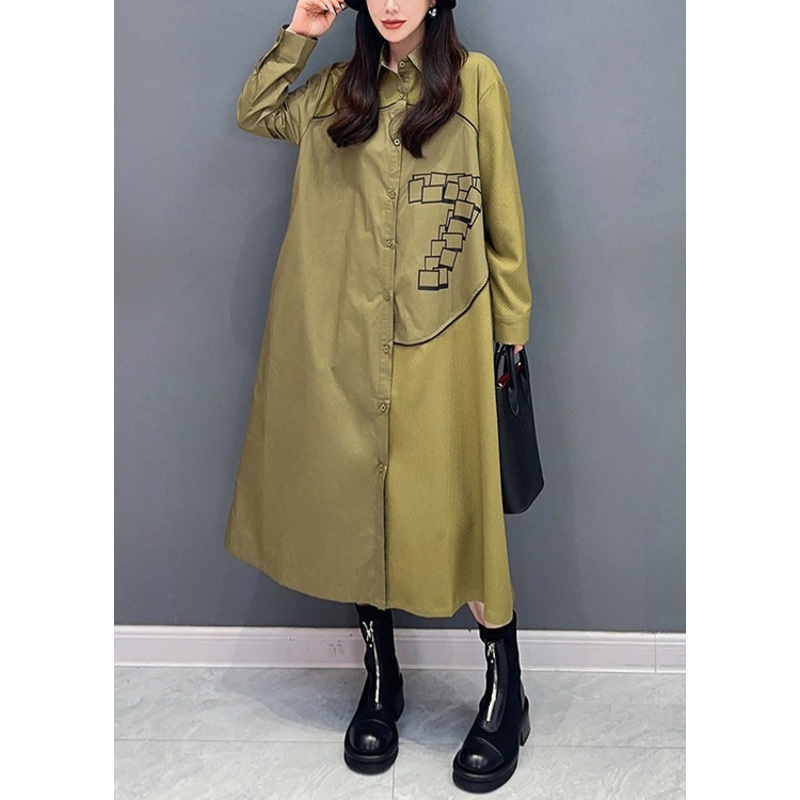 Green Pockets Cotton Blouse Dress Peter Pan Collar Long Sleeve