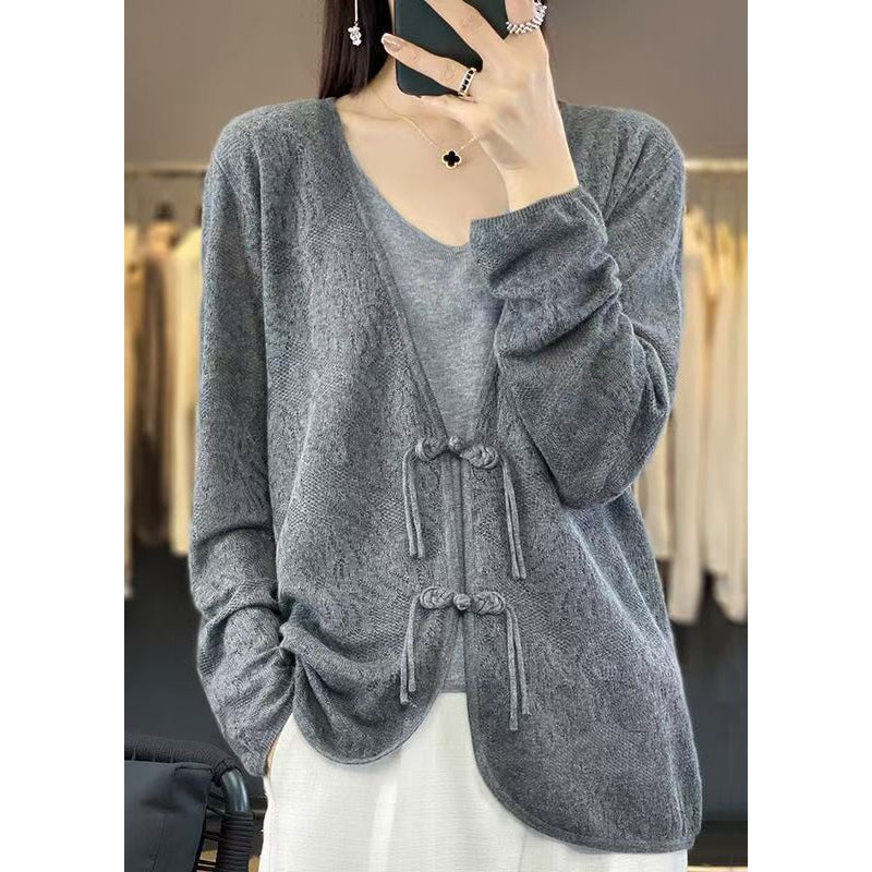 Grey Solid Cozy Knit Cardigans V Neck Long Sleeve