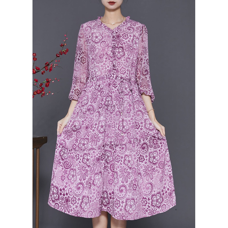 Handmade Purple Ruffled Print Chiffon Cinched Dresses Spring