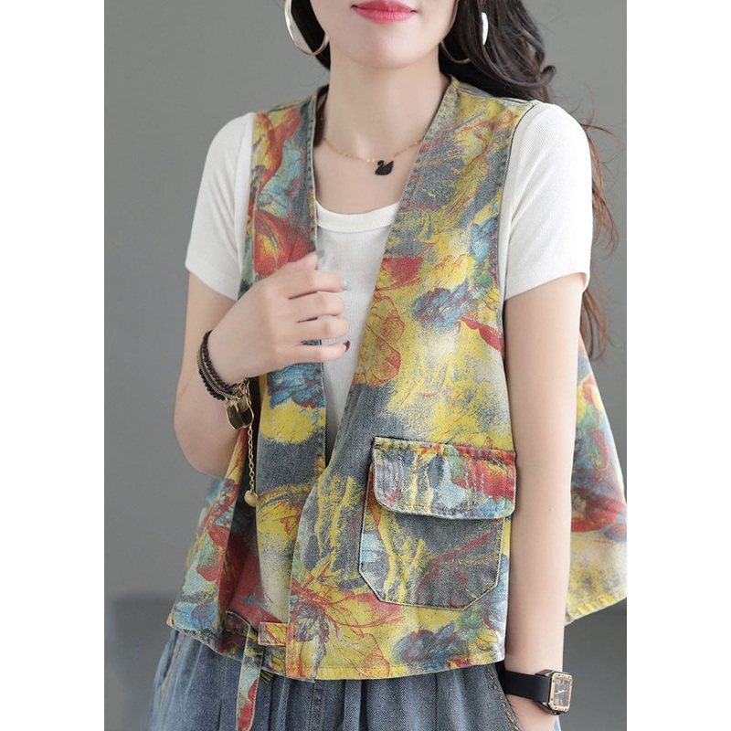 Handmade Yellow Print V Neck Cotton Denim Vest Sleeveless