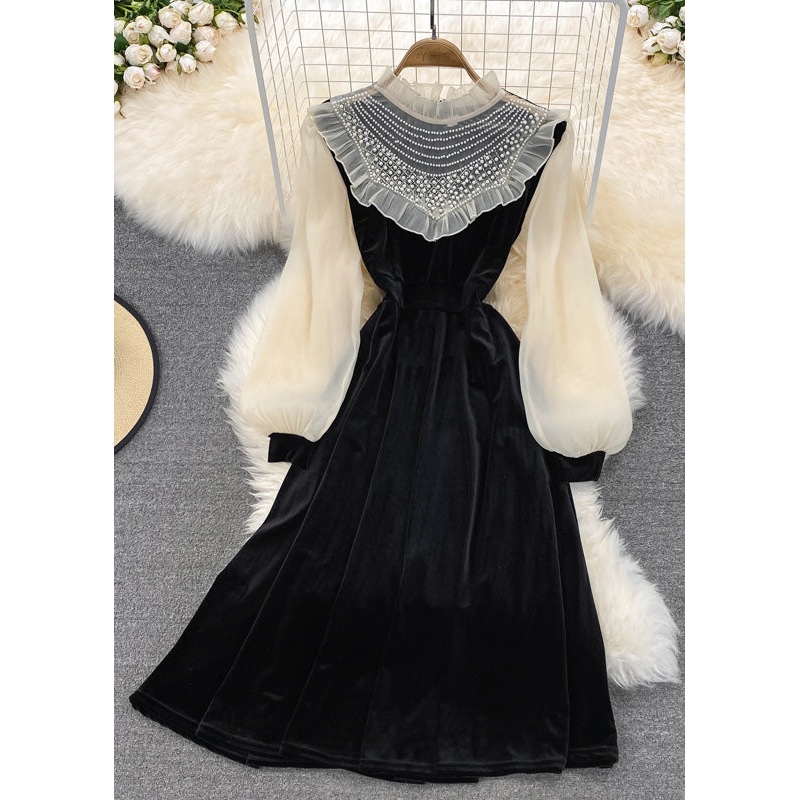 Italian Black Stand Collar Tulle Patchwork Velour Long Dresses Long Sleeve