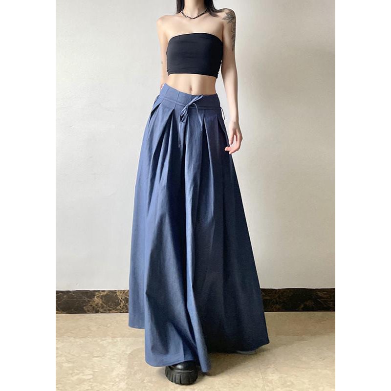 Italian Blue High Waist Wrinkled Exra Large Hem Cotton Skirts Summer