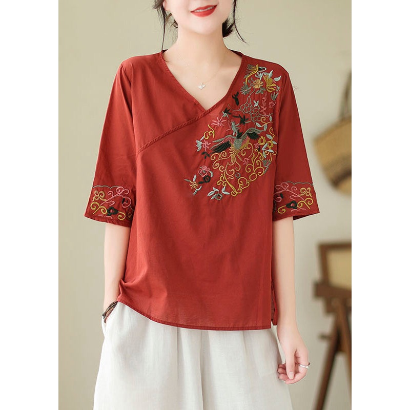 Italian Red Solid Side Open Cotton Top Half Sleeve