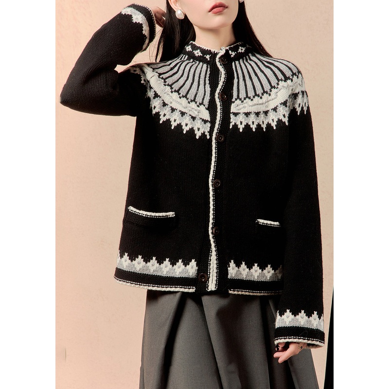 Jacquard Black Button Pockets Knit Coat Winter