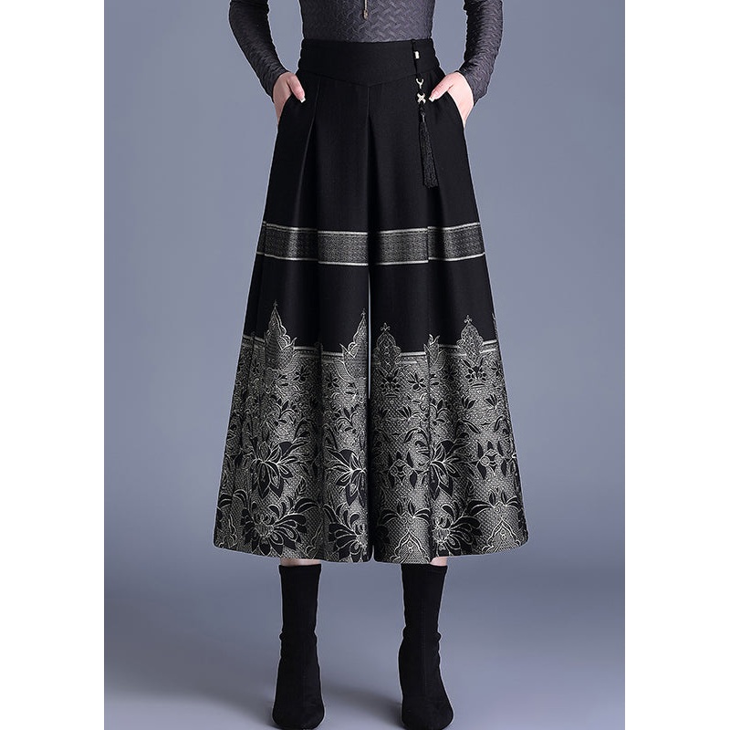 Jacquard Black High Waist Woolen Maxi Skirt Spring