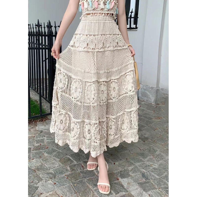 Loose Apricot Hollow Out Elastic Waist Skirts Summer