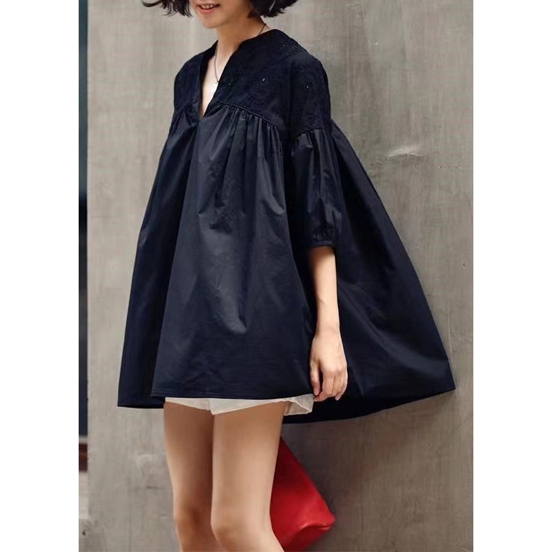 Loose Black V Neck Hollow Out Patchwork Cotton T Shirt Half Sleeve