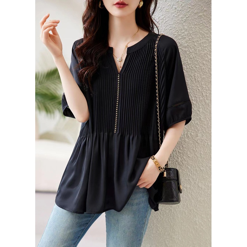 Loose Black V Neck Wrinkled Chiffon Tops Half Sleeve