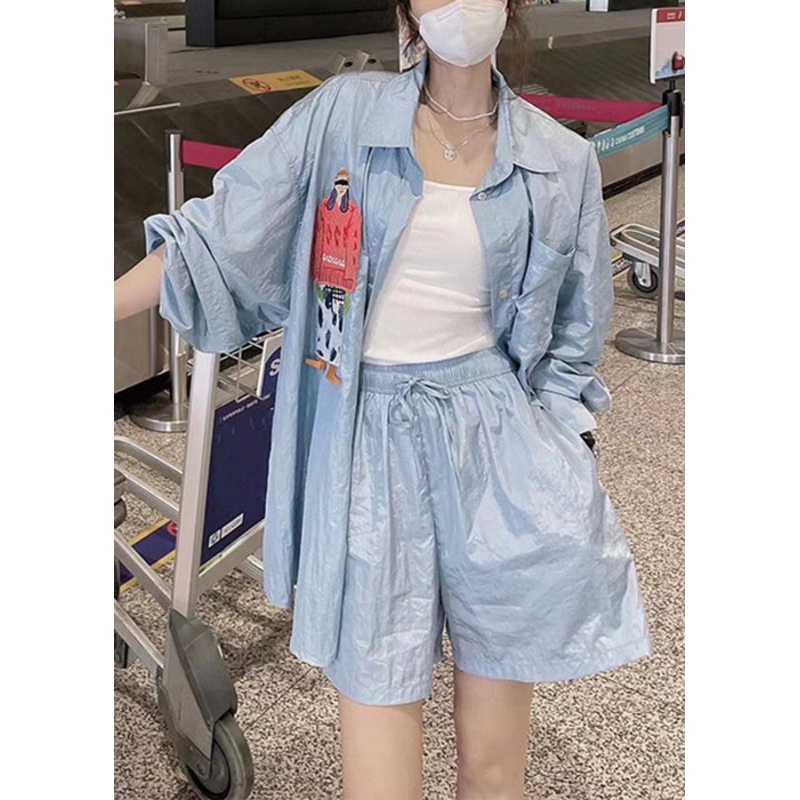 Loose Blue Button Print Pockets Cotton Two Pieces Set Long Sleeve