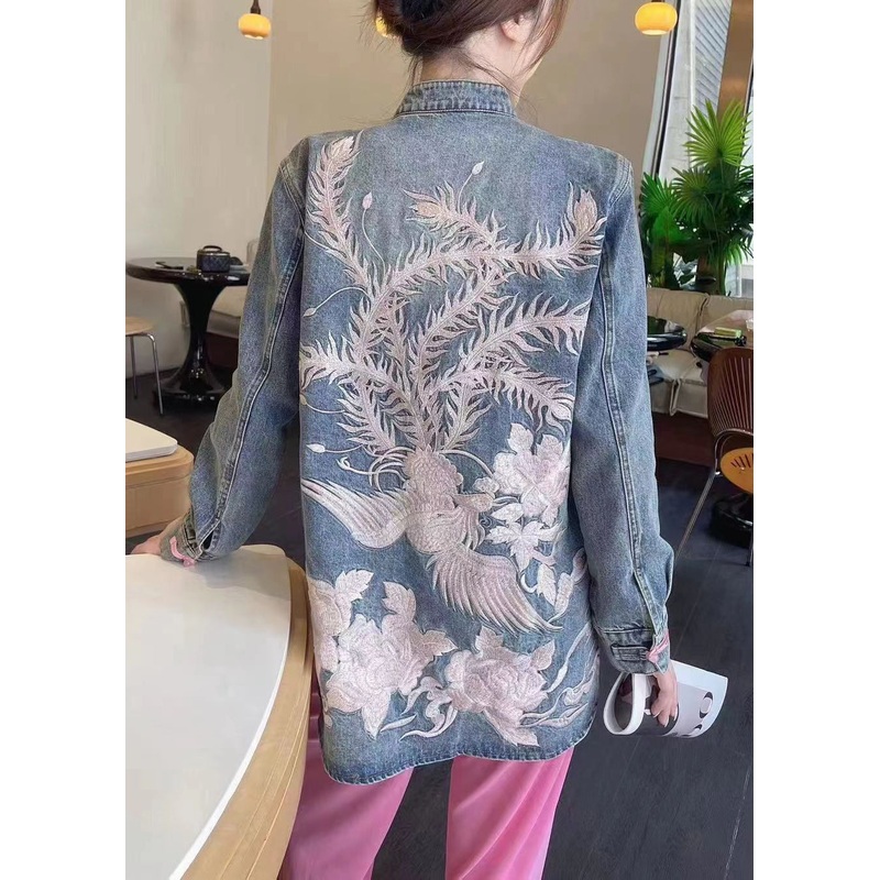 Loose Blue Embroidered Button Denim Coats Long Sleeve