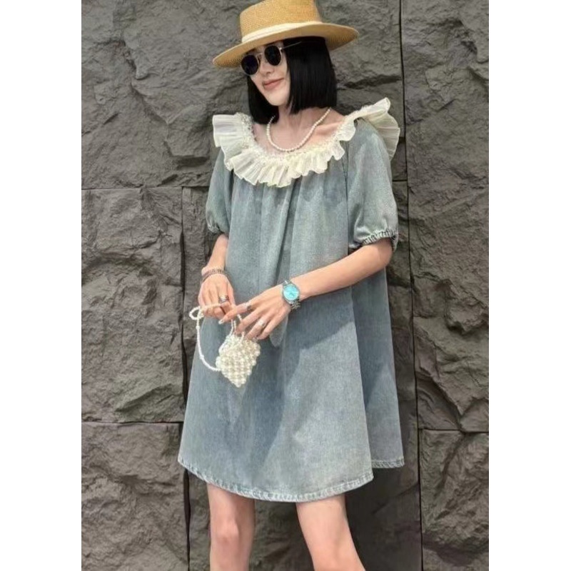 Loose Blue Ruffled Nail Bead Denim Mid Dress Summer