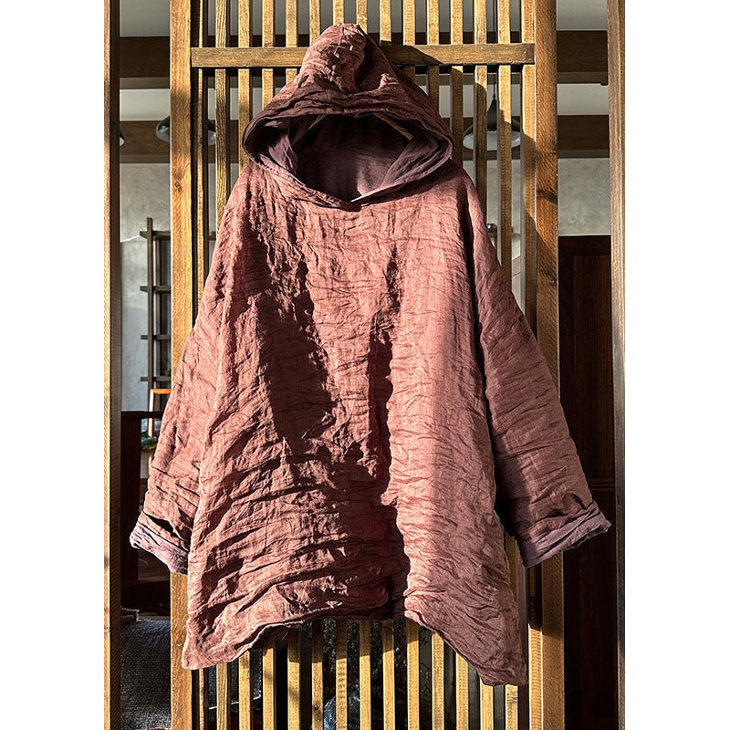 Loose Brick Red Hooded Wrinkled Linen Tops Spring