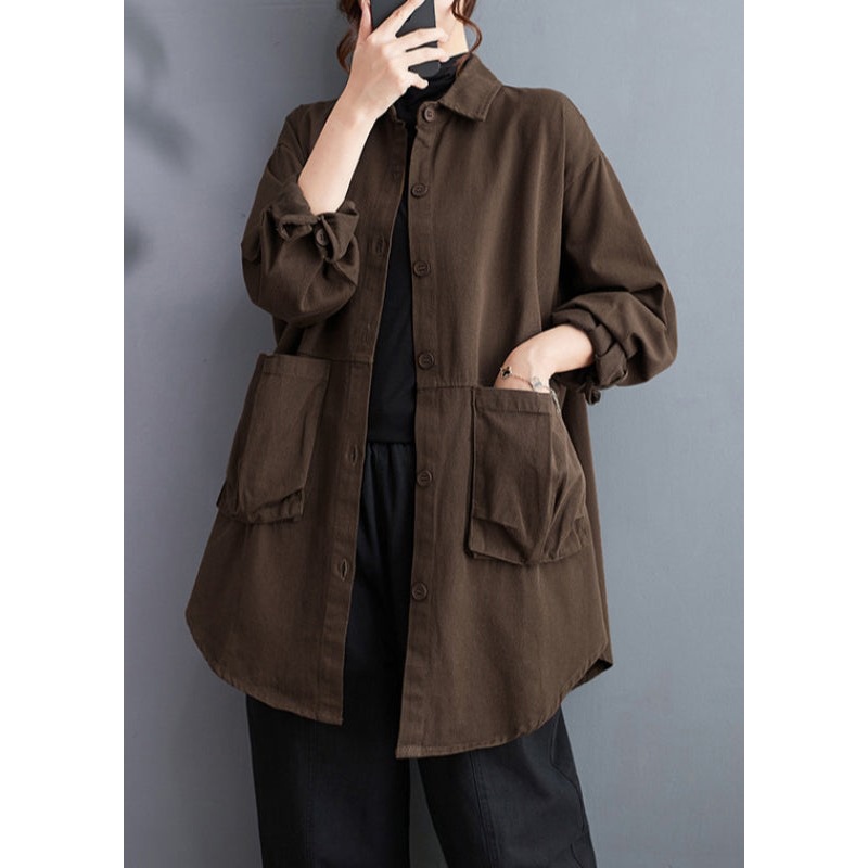 Loose Coffee Solid Pockets Cotton Shirts Long Sleeve