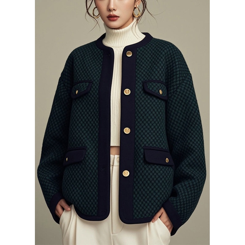 Loose Green O-Neck Button Cotton Coats Fall