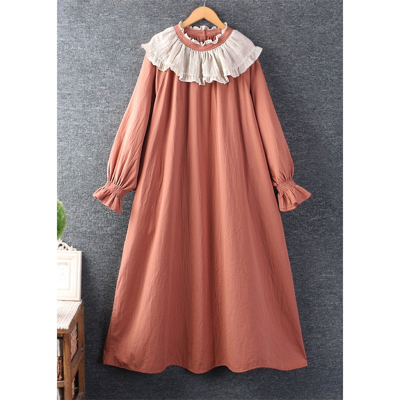 Loose Orange Ruffled Patchwork Cotton Long Dress Spring