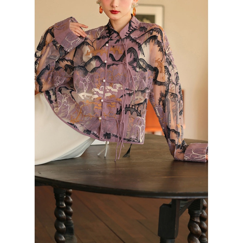 Loose Purple Embroidered Button Tulle Shirt Long Sleeve