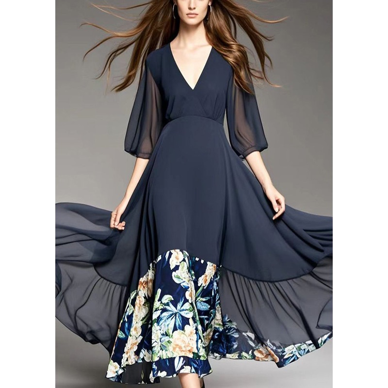 Modern Black V Neck Patchwork Print Chiffon Dress Summer