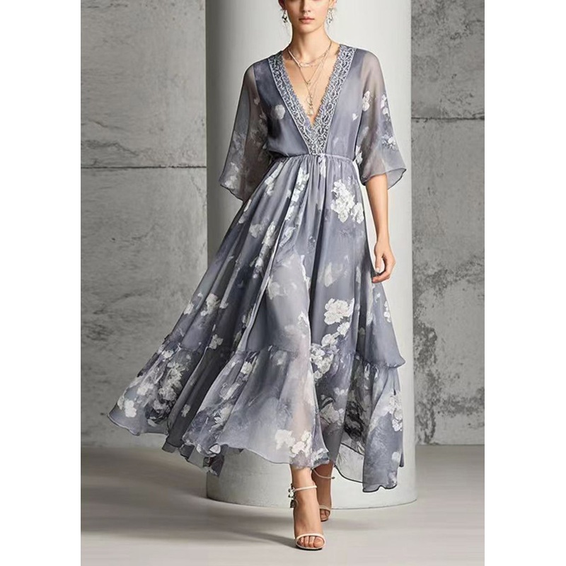 Modern Grey V Neck Print Chiffon Long Dress Summer