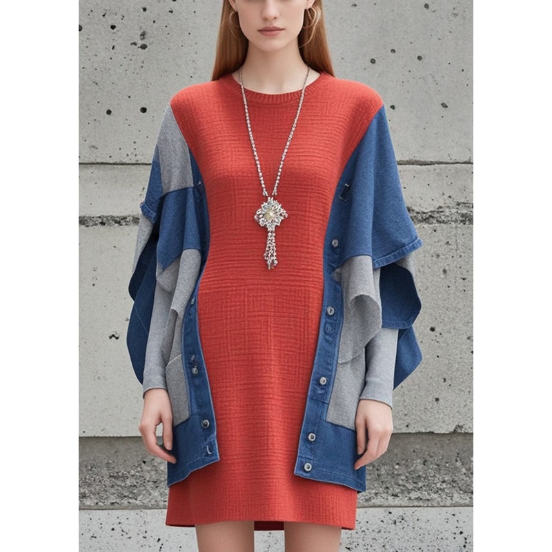 Modern Red Oversized Patchwork Knit Fake Two Piece Dress Fall