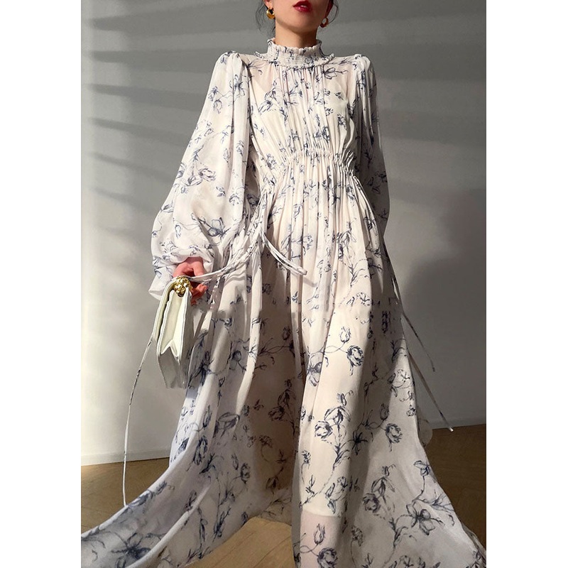 Modern White Stand Collar Ruffled Print Extra Large Hem Silk Cinch Dress Long Sleeve
