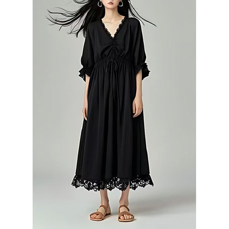 Natural Black Cinched Patchwork Lace Long Dresses Summer