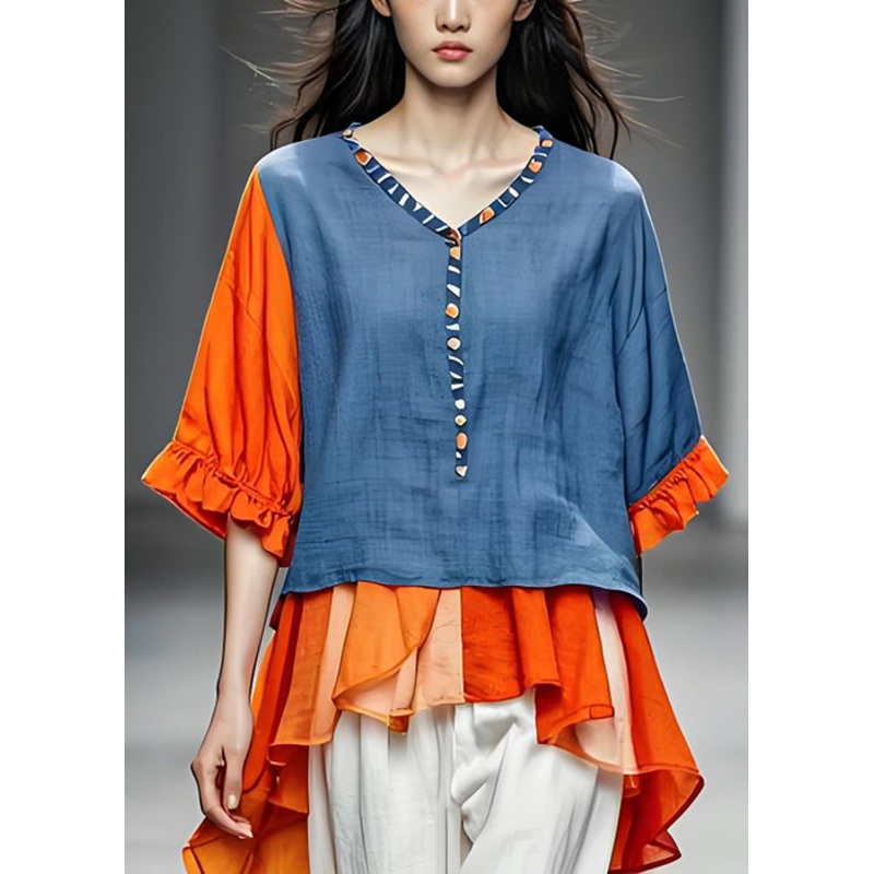 Natural Colorblock V Neck Ruffled Patchwork Cotton Top Summer
