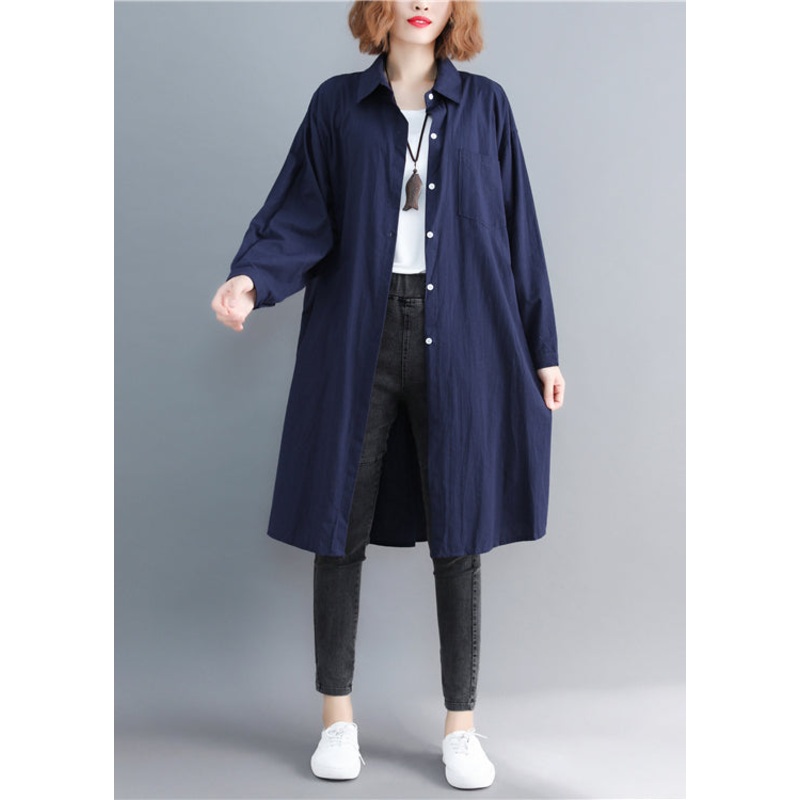 Navy Pockets Cotton Blouses Peter Pan Collar Wrinkled Spring