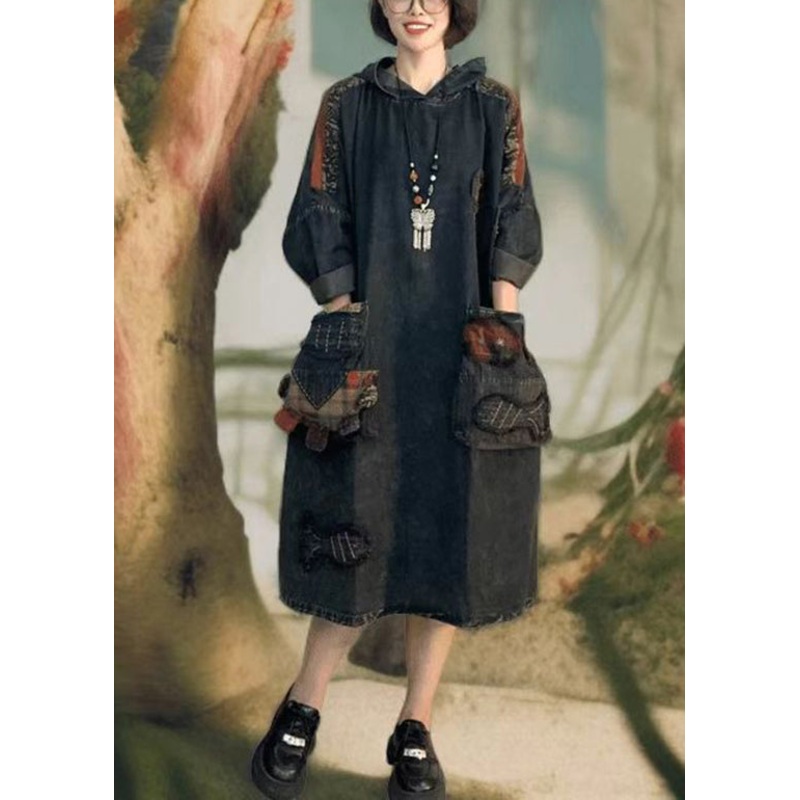 New Black Applique Patchwork Denim Hooded Dress Spring