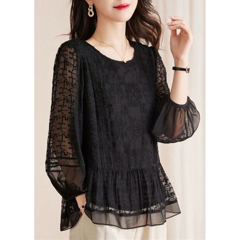 New Black Embroidered Hollow Out Lace Shirts Long Sleeve