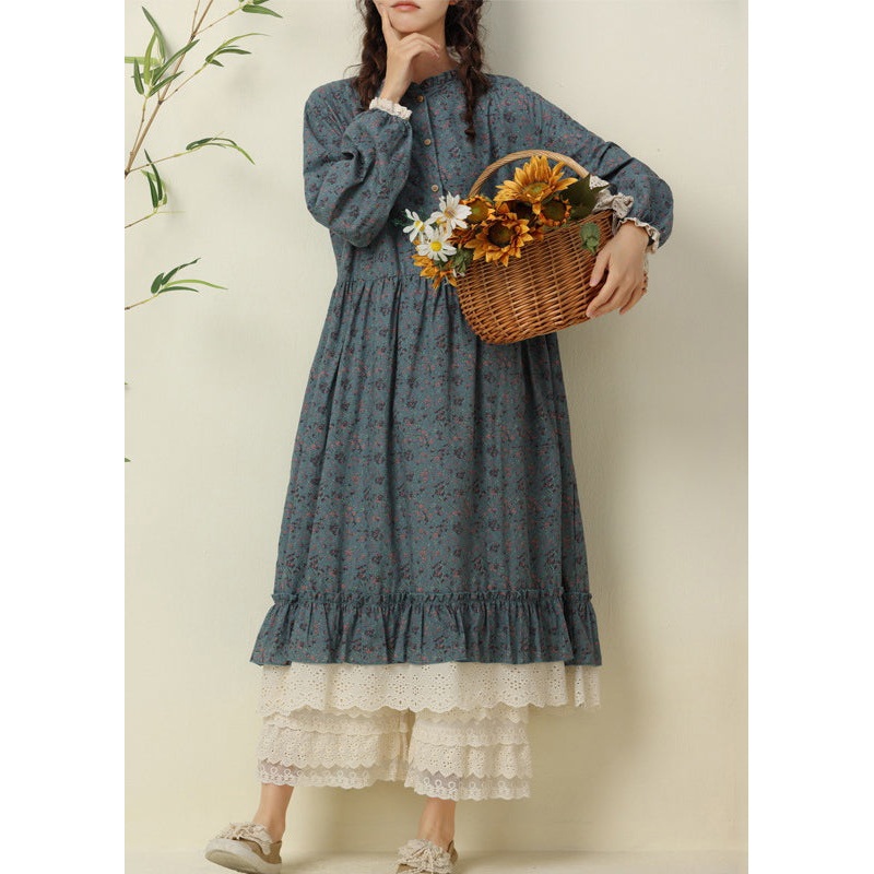 New Blue Print Lace Patchwork Cotton Long Dresses Spring