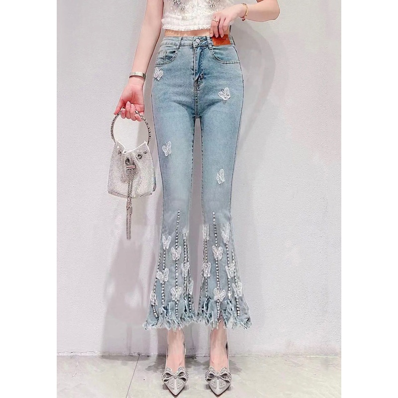 New Blue Zircon Pockets High Waist Denim Crop Pants Spring