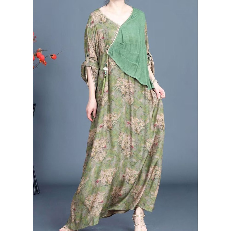 New Green Button Print Patchwork Silk Dresses Fall