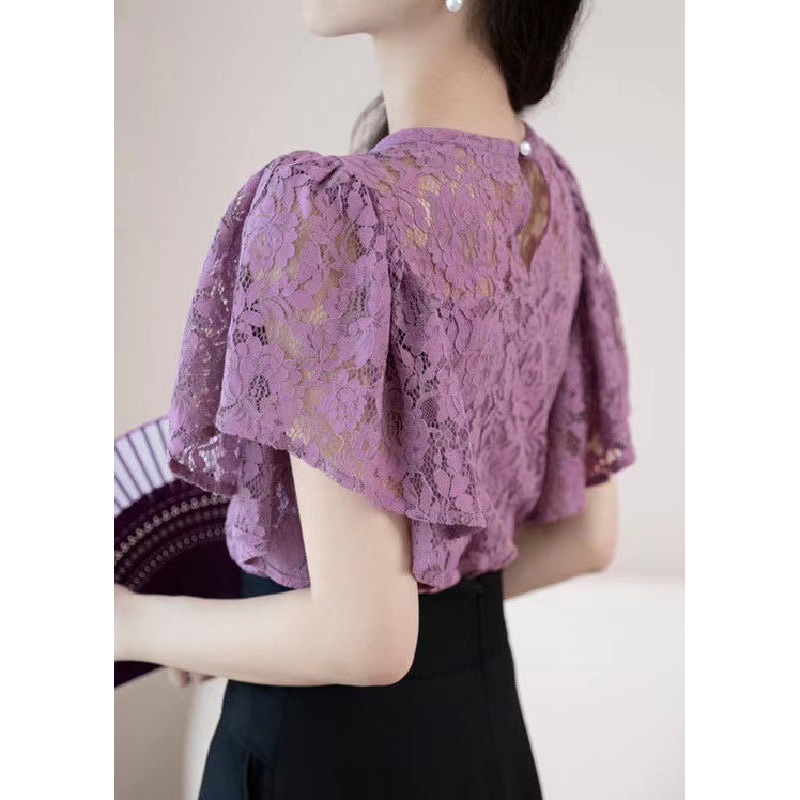 New Purple O-Neck Hollow Out Lace Shirt Summer