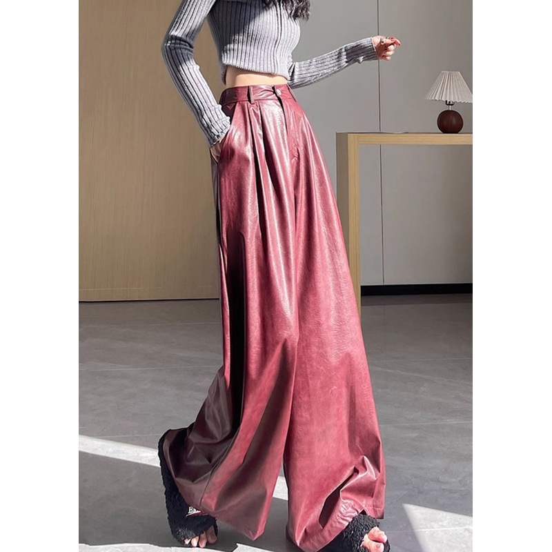 New Red Pockets High Waist Faux Leather Wide Leg Pants Fall