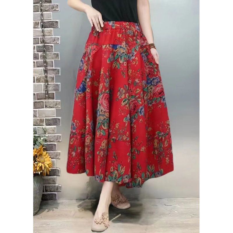 New Red Print Pockets Elastic Waist Cotton Skirt Summer