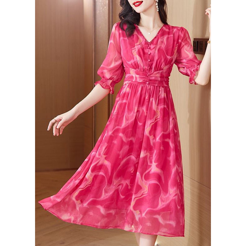 New Red V Neck Print Elastic Waist Chiffon Long Dress Summer