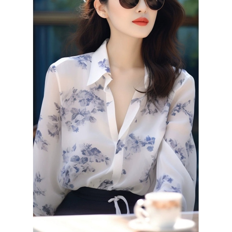 New White Peter Pan Collar Print Chiffon Blouses Long Sleeve