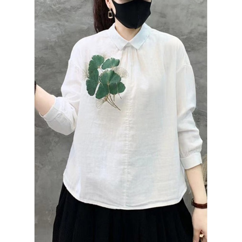 New White Print Button Linen Shirt Long Sleeve