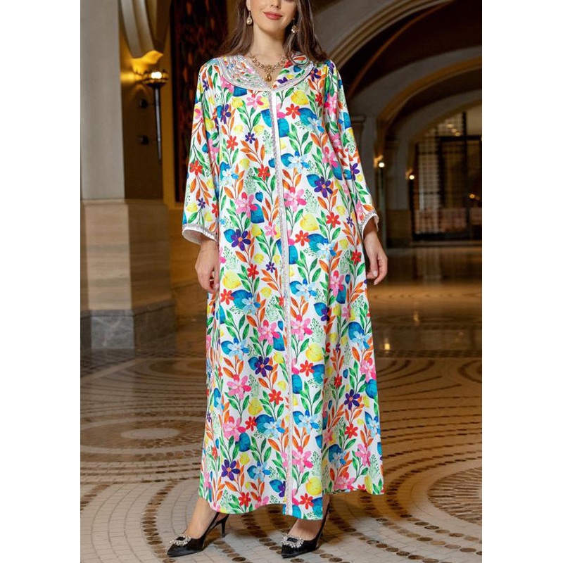 New White Print Zircon Patchwork Cotton Long Dresses Spring