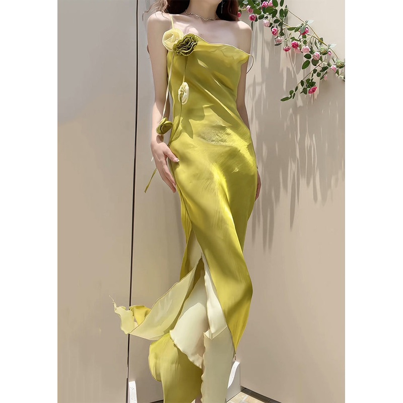 New Yellow Side Open Solid Silk Spaghetti Strap Dress Sleeveless