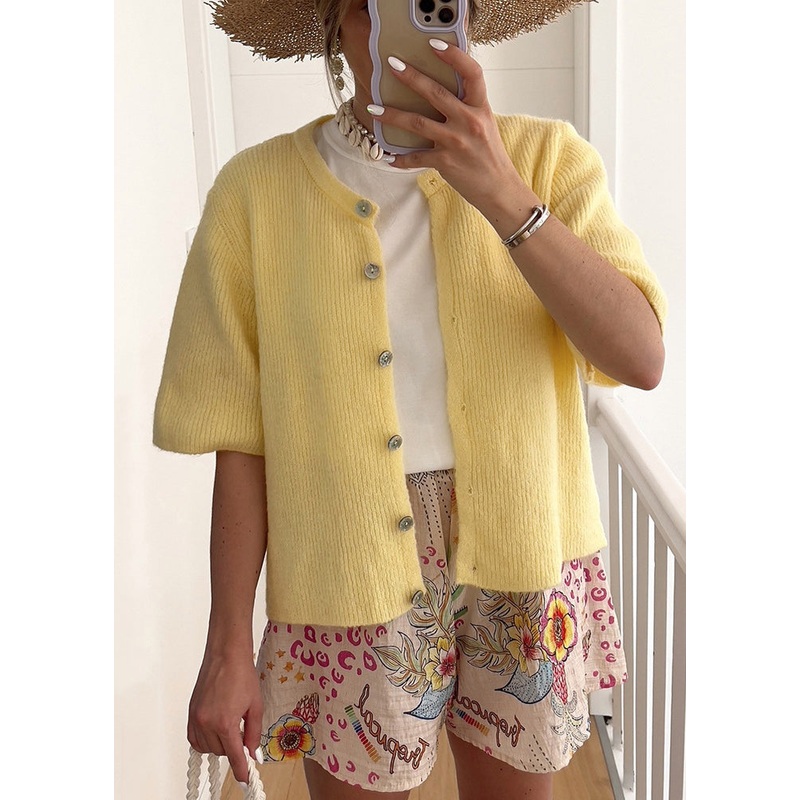 New Yellow V Neck Button Short Knit Cardigan Fall