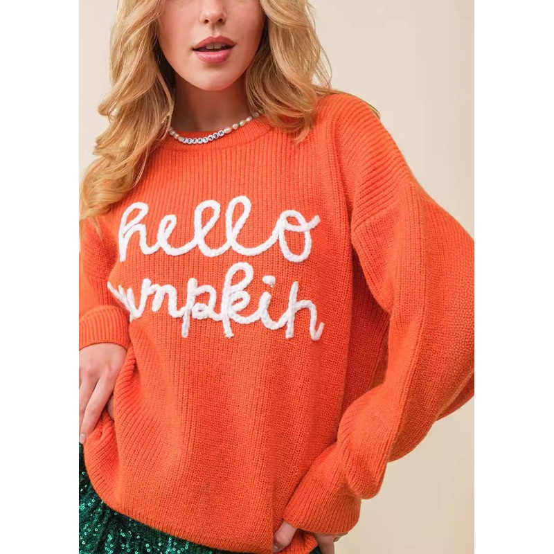 Orange Hollow Out Knit Sweaters O-Neck Long Sleeve