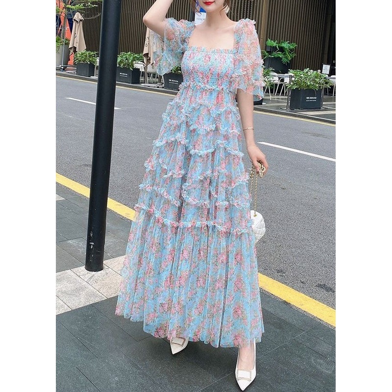 Organic Blue Ruffled Patchwork Print Tulle Dresses Summer