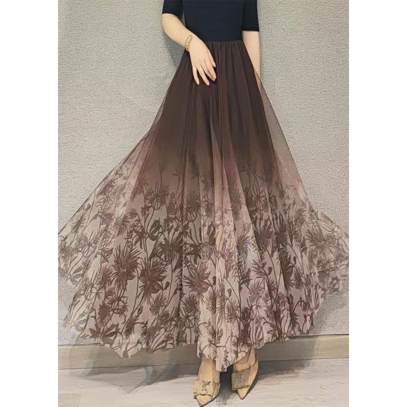Oriental Style Coffee Print High Waist Tulle Skirt Spring