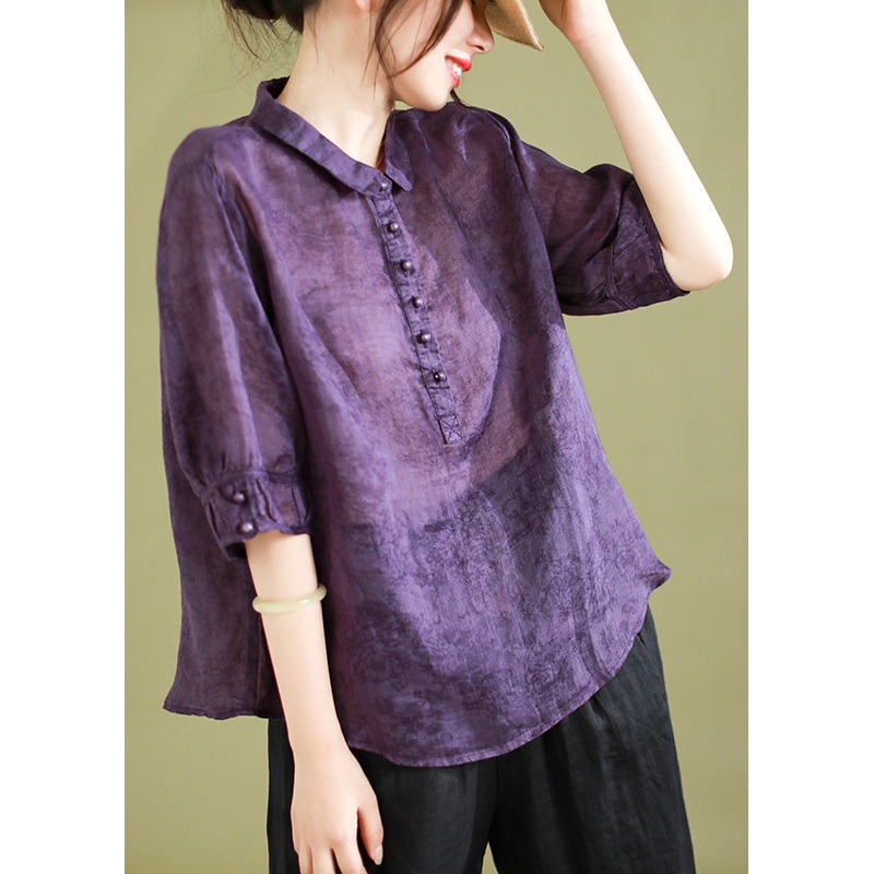 Original Purple Peter Pan Collar Print Linen Shirt Half Sleeve