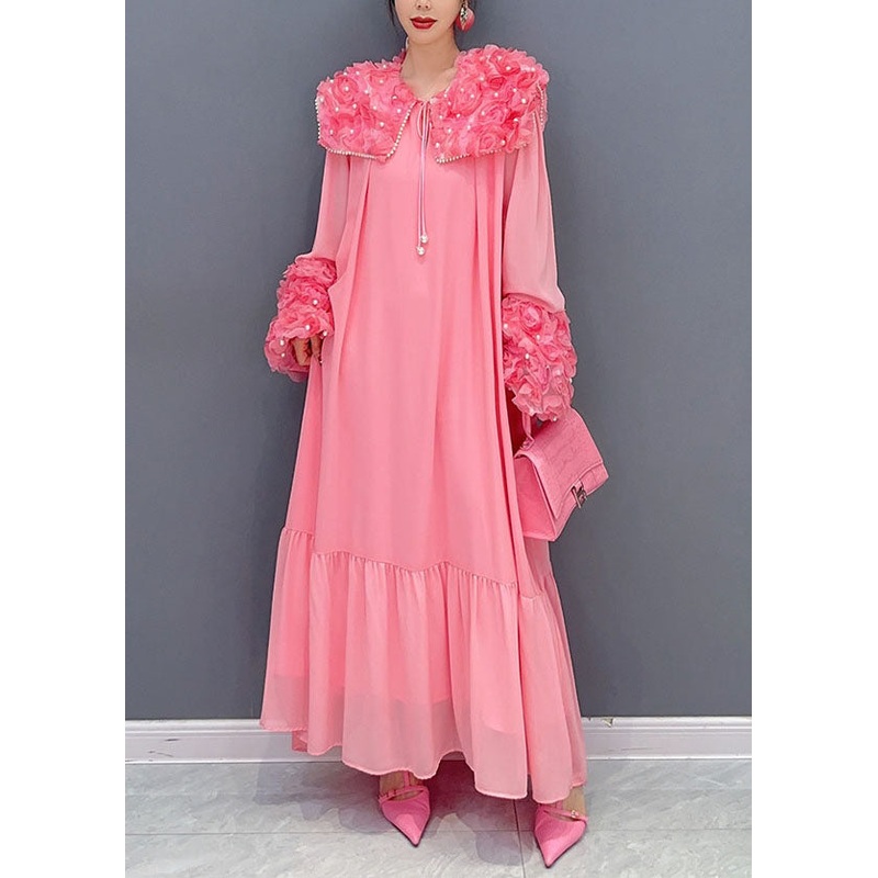 Pink Patchwork Cotton Dress Peter Pan Collar Floral Nail Bead Spring