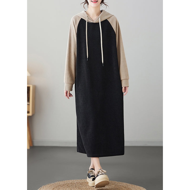 Plus Size Black Patchwork Cotton Hooded Sweatshirt Dresses Fall