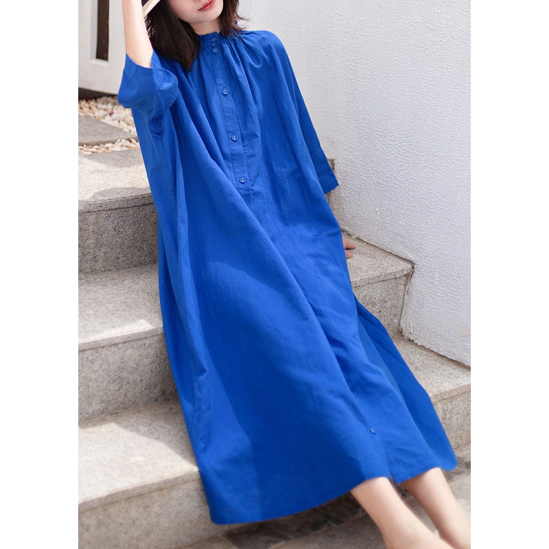 Plus Size Blue Stand Collar Button Cotton Dresses Bracelet Sleeve