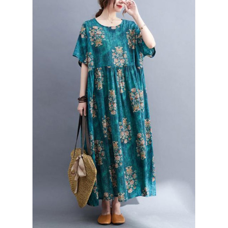 Plus Size Green O Neck Print Cotton Long Dress Summer