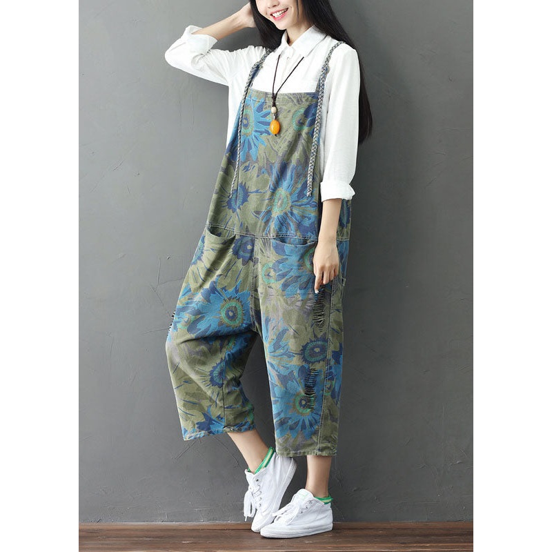 Plus Size Green Print Cotton Denim Jumpsuit Ripped Jeans Spring